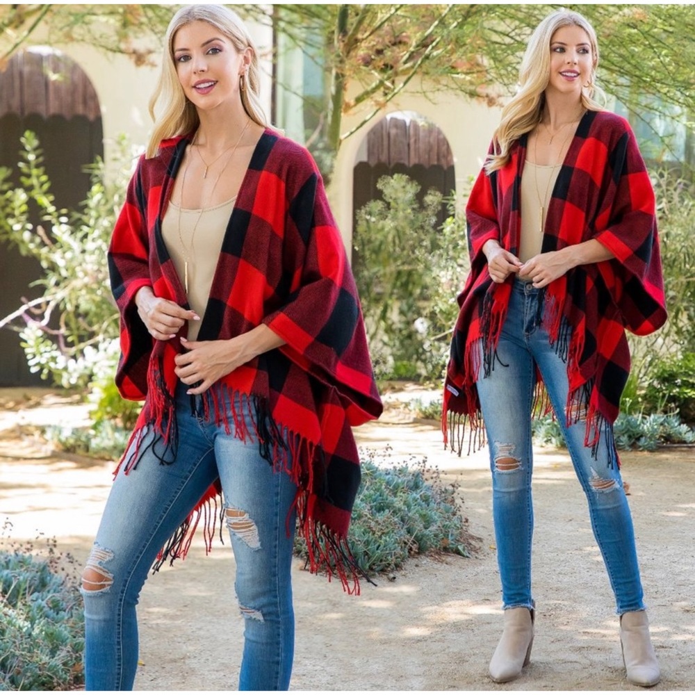 2 LEFT! Buffalo Plaid Print Front Fringe Gorgeos Drape Over Fall Winter Kimono - Picture 2 of 4